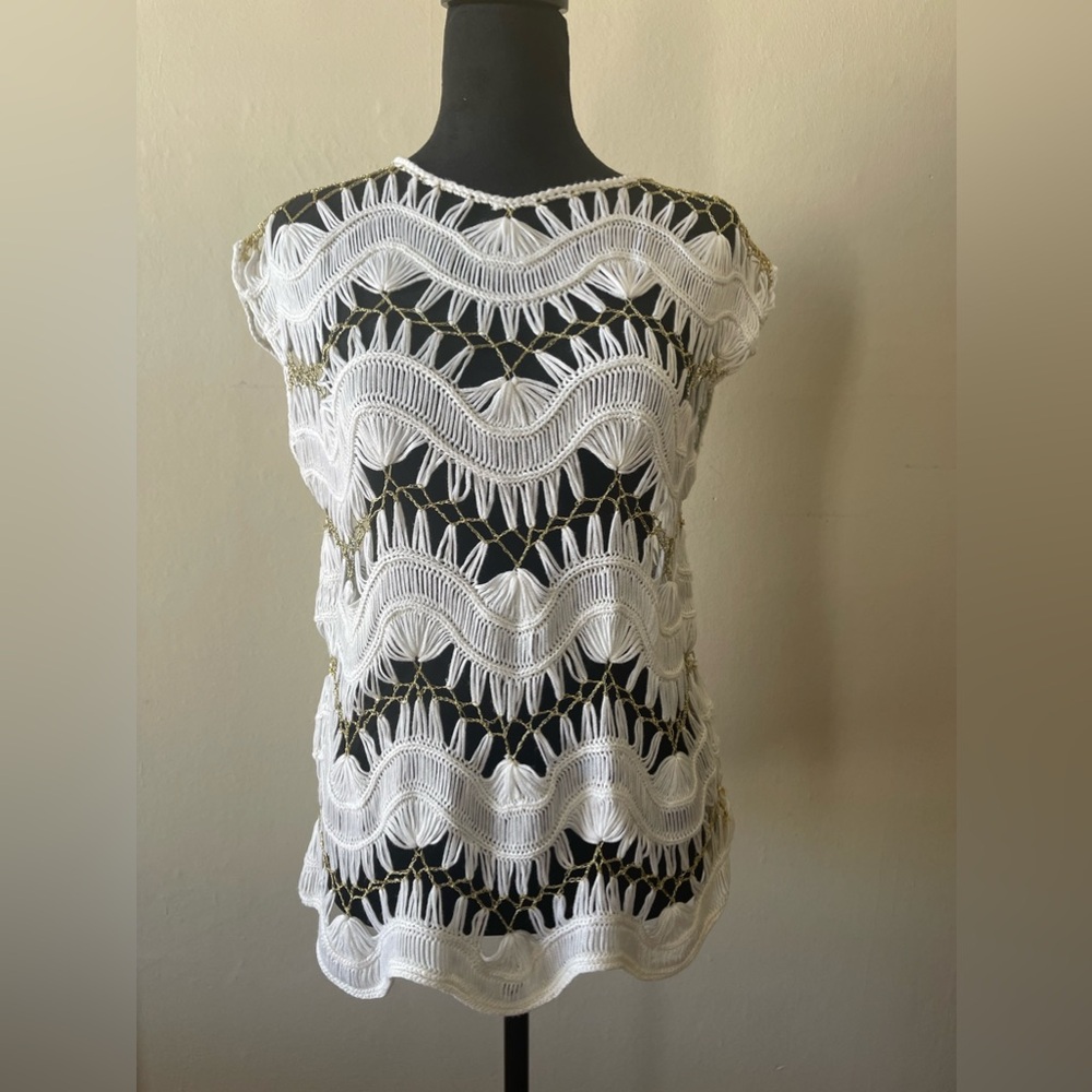 Venus white crotched/gold thread chain look swim cover up, size med, like new - Picture 1 of 8